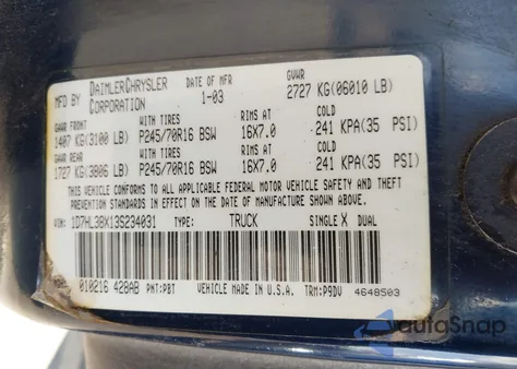 2003 Dodge Dakota Sport/Sxt z USA, uszkodzony, nr VIN 1D7HL38X13S234031